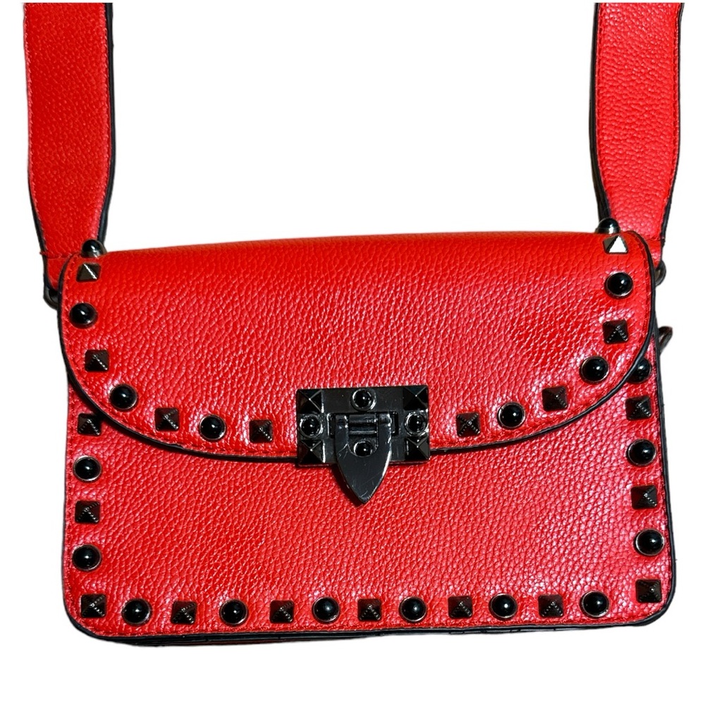 Vegan Leather Studded Crossbody Vibrant Coral shade with 2 Straps - Picture 3 of 8
